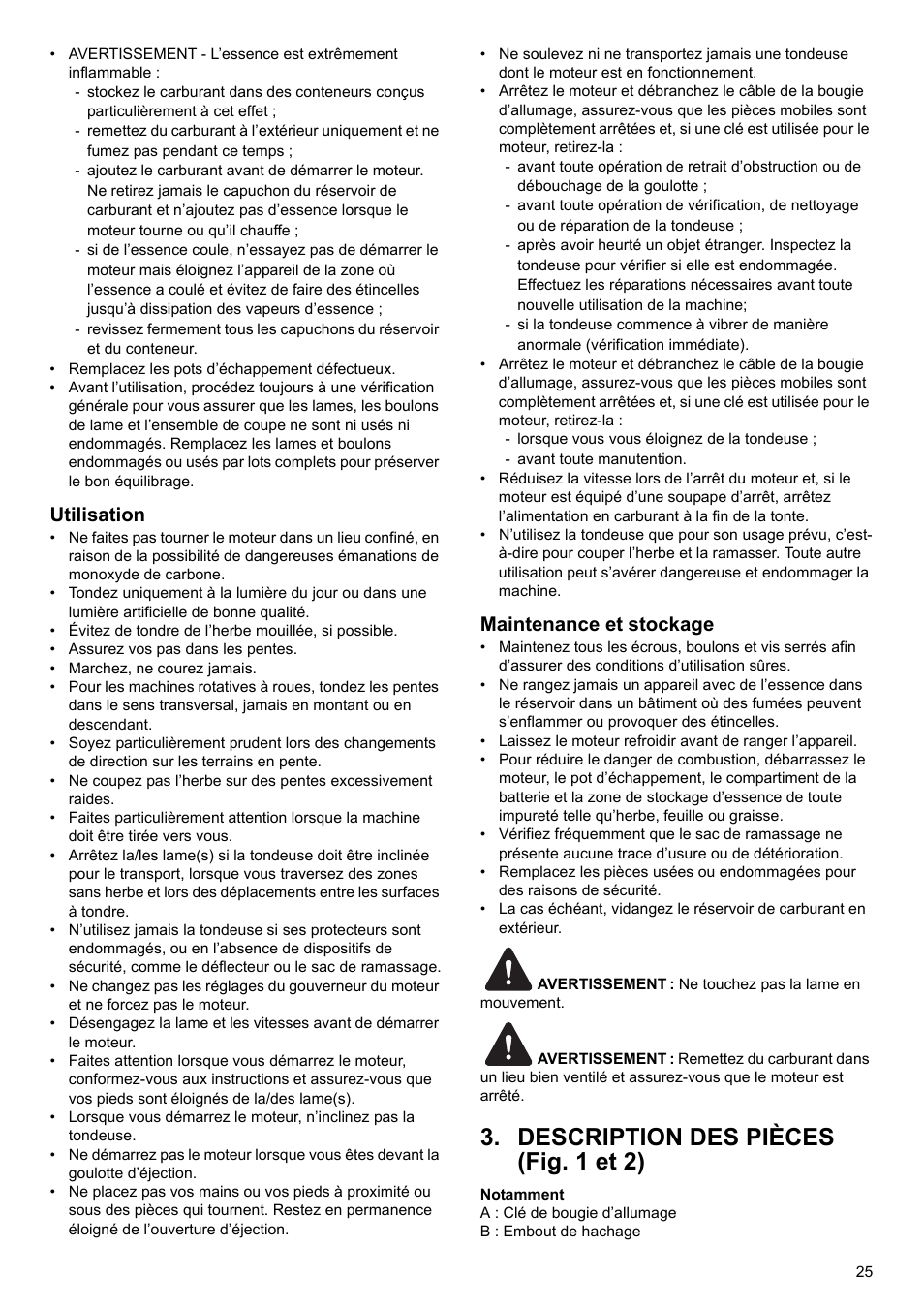Description des pièces (fig. 1 et 2), Utilisation, Maintenance et stockage | Makita PLM4622 User Manual | Page 25 / 212