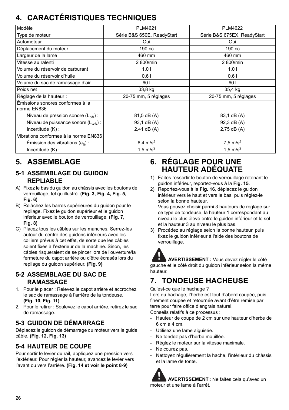 Caractéristiques techniques 5. assemblage, Réglage pour une hauteur adéquate, Tondeuse hacheuse | 1 assemblage du guidon repliable, 2 assemblage du sac de ramassage, 3 guidon de démarrage, 4 hauteur de coupe | Makita PLM4622 User Manual | Page 26 / 212
