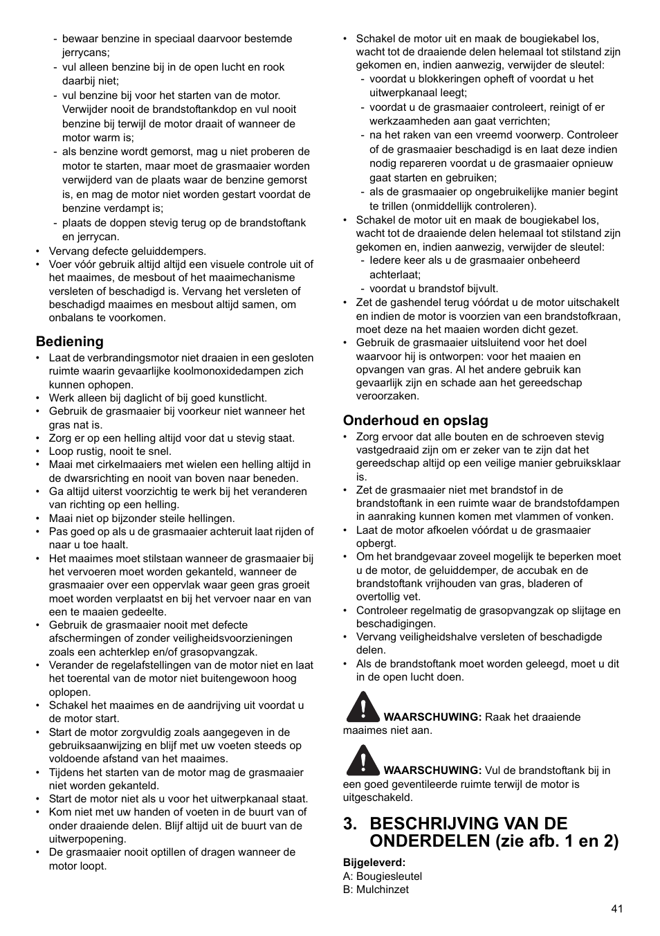 Beschrijving van de onderdelen (zie afb. 1 en 2), Bediening, Onderhoud en opslag | Makita PLM4622 User Manual | Page 41 / 212