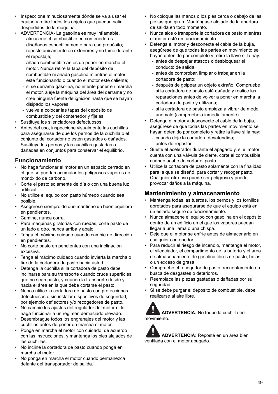 Funcionamiento, Mantenimiento y almacenamiento | Makita PLM4622 User Manual | Page 49 / 212