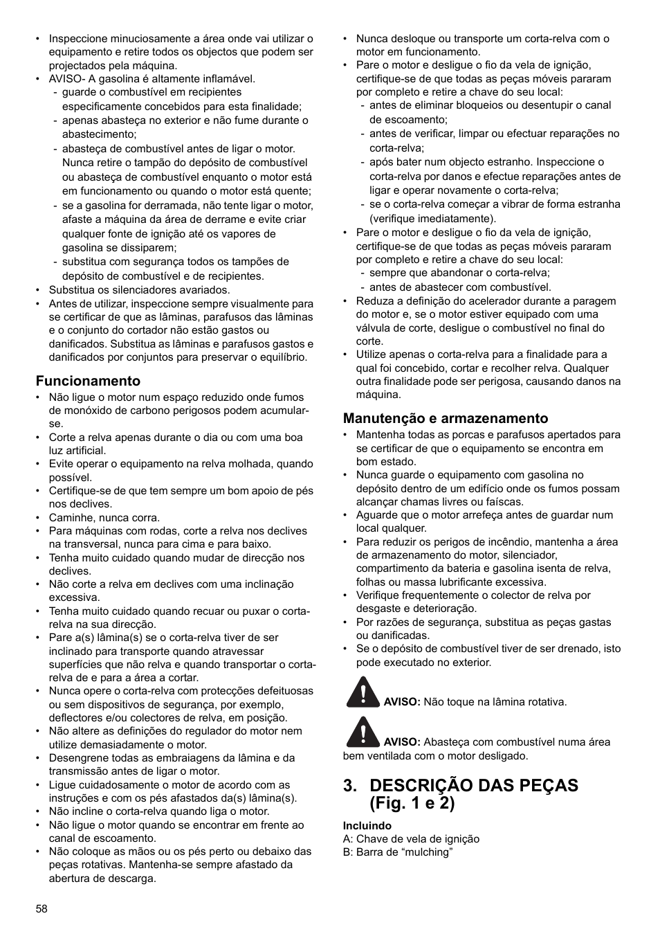 Descrição das peças (fig. 1 e 2), Funcionamento, Manutenção e armazenamento | Makita PLM4622 User Manual | Page 58 / 212