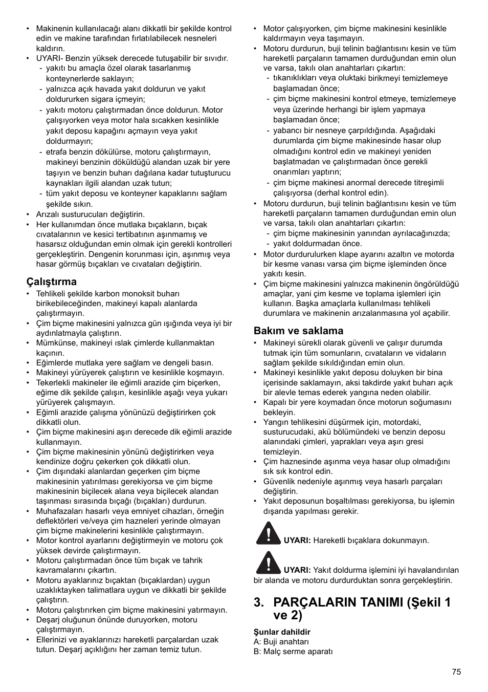 Parçalarin tanimi (şekil 1 ve 2), Çalıştırma, Bakım ve saklama | Makita PLM4622 User Manual | Page 75 / 212