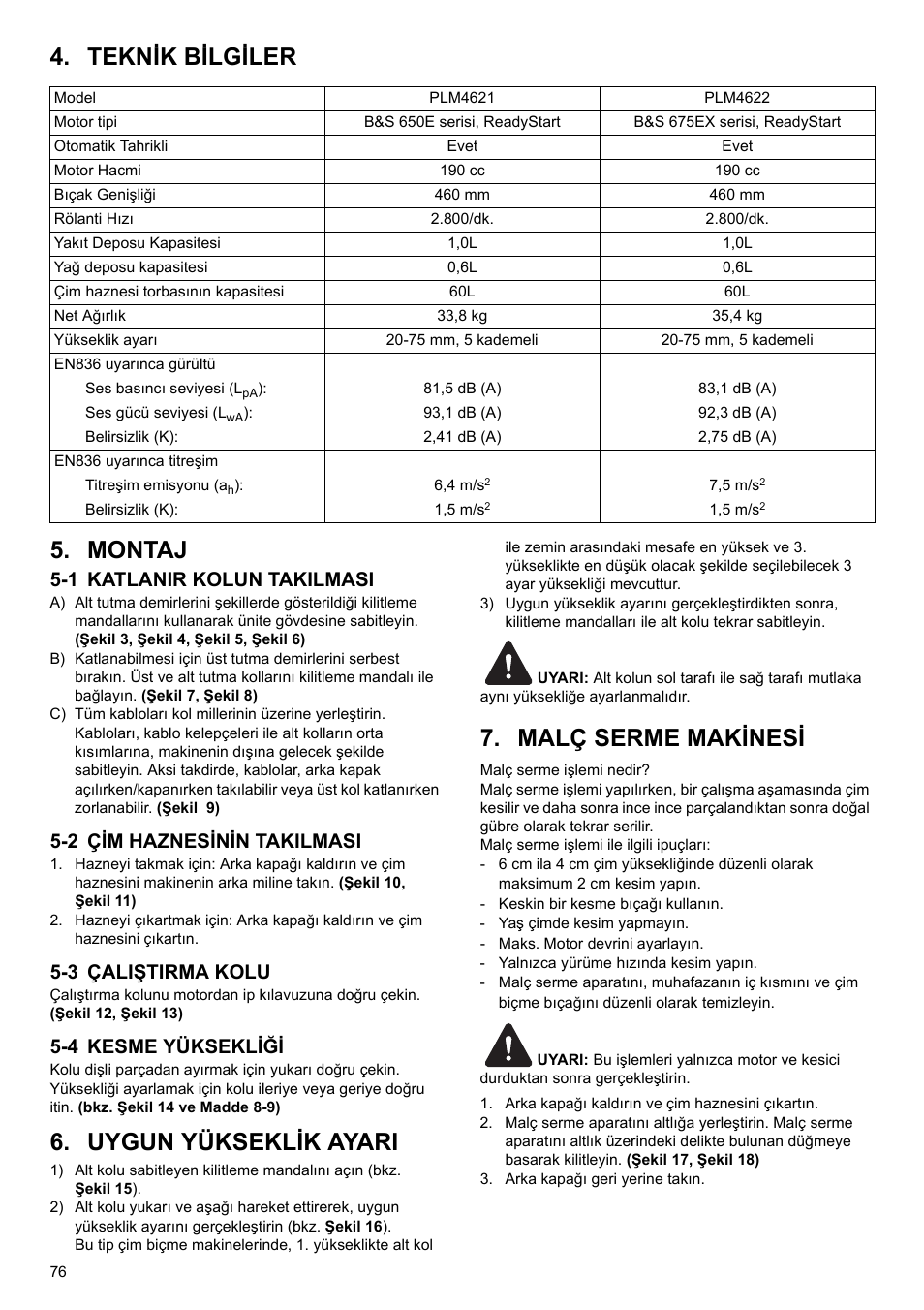 Teknik bilgiler 5. montaj, Uygun yükseklik ayari, Malç serme makinesi | 1 katlanir kolun takilmasi, 2 çim haznesinin takilmasi, 3 çaliştirma kolu, 4 kesme yüksekliği | Makita PLM4622 User Manual | Page 76 / 212