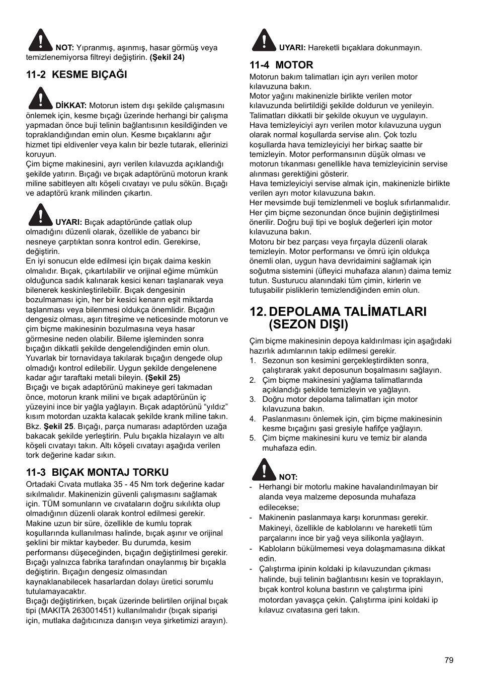 Depolama talimatlari (sezon dişi), 2 kesme biçaği, 3 biçak montaj torku | 4 motor | Makita PLM4622 User Manual | Page 79 / 212