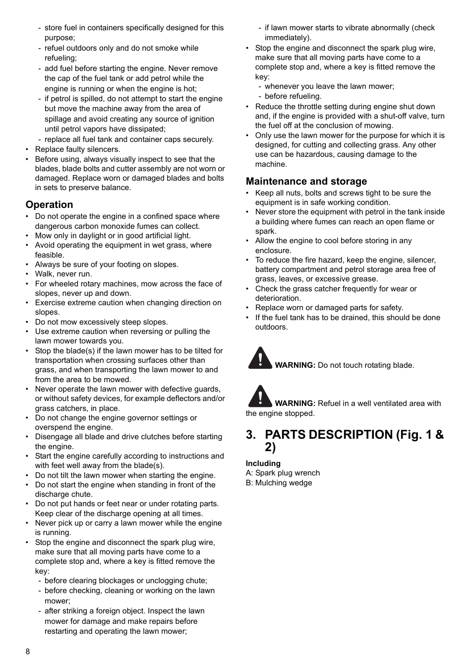 Parts description (fig. 1 & 2), Operation, Maintenance and storage | Makita PLM4622 User Manual | Page 8 / 212