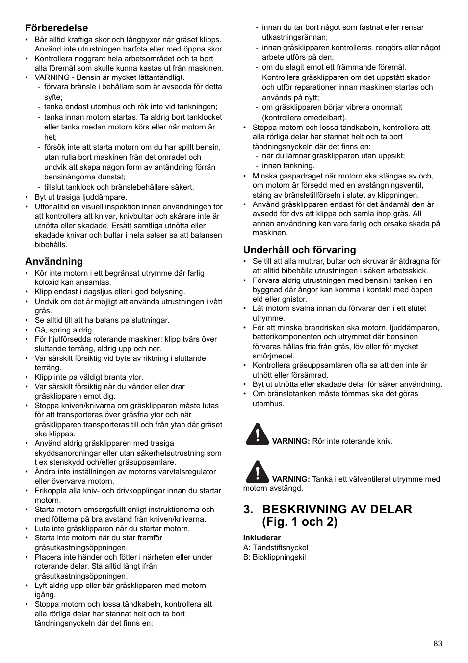 Beskrivning av delar (fig. 1 och 2), Förberedelse, Användning | Underhåll och förvaring | Makita PLM4622 User Manual | Page 83 / 212