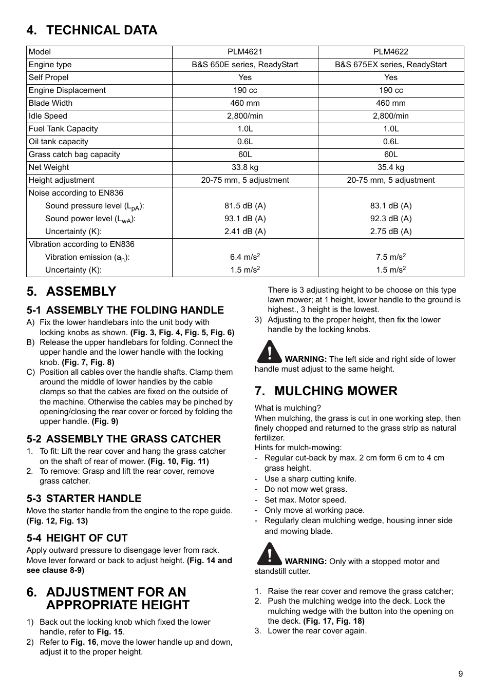 Technical data 5. assembly, Adjustment for an appropriate height, Mulching mower | 1 assembly the folding handle, 2 assembly the grass catcher, 3 starter handle, 4 height of cut | Makita PLM4622 User Manual | Page 9 / 212