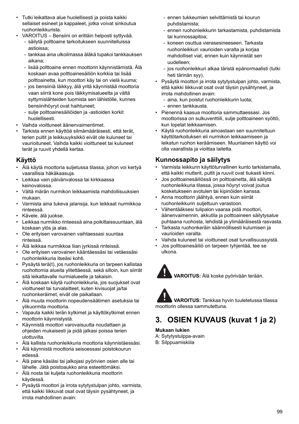 Osien kuvaus (kuvat 1 ja 2), Käyttö, Kunnossapito ja säilytys | Makita PLM4622 User Manual | Page 99 / 212