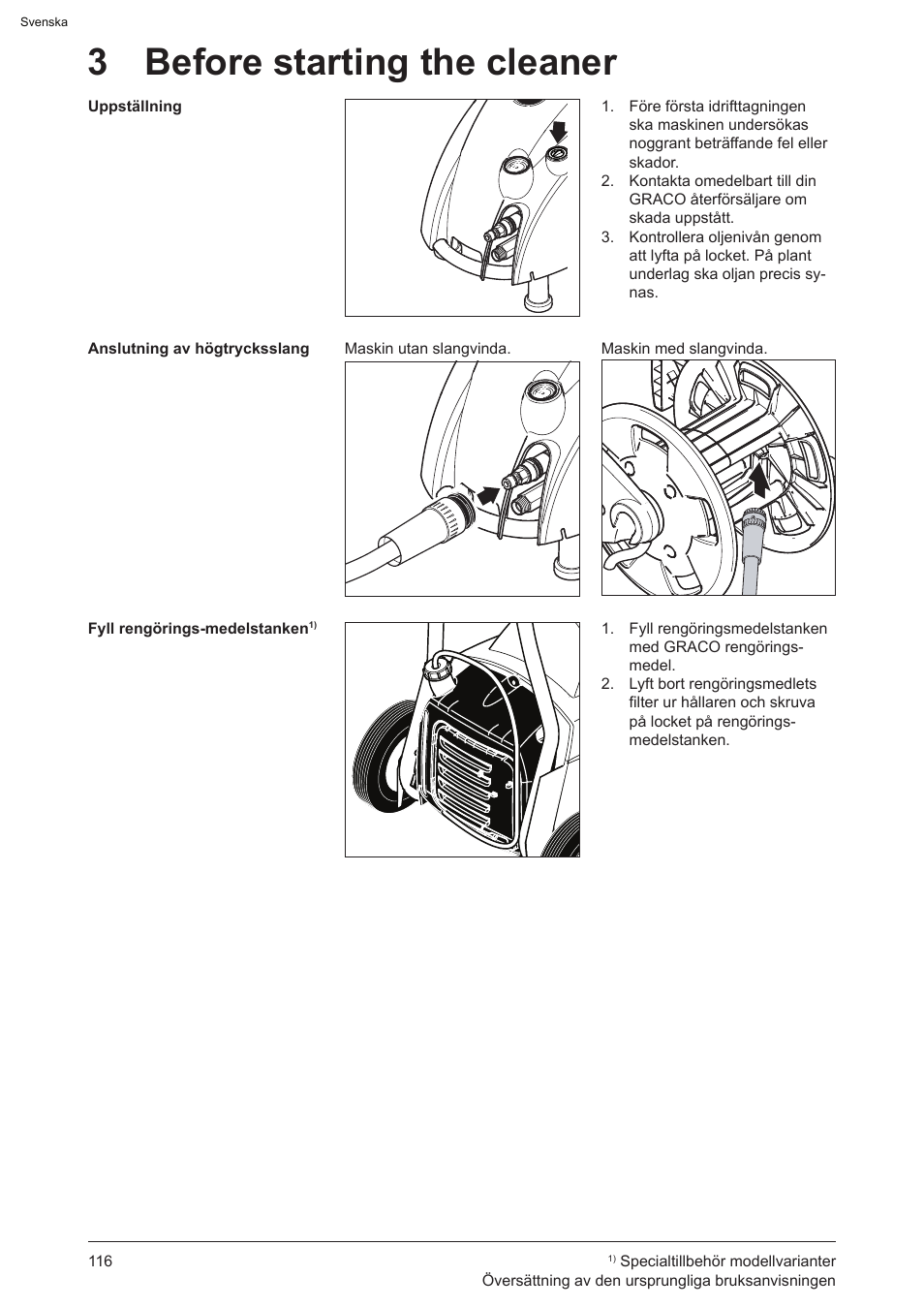 3 before starting the cleaner | Graco AquaMax-E 3050 User Manual | Page 116 / 396