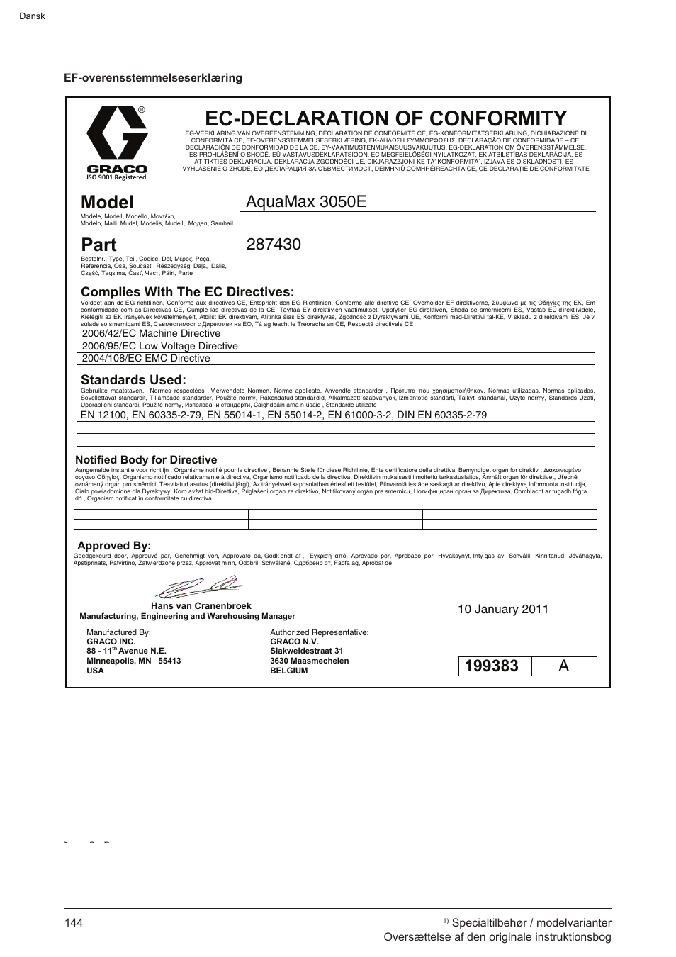 Ec-declaration of conformity, Model, Part | Qua-ax, Complies with the ec directives, Standards used | Graco AquaMax-E 3050 User Manual | Page 144 / 396