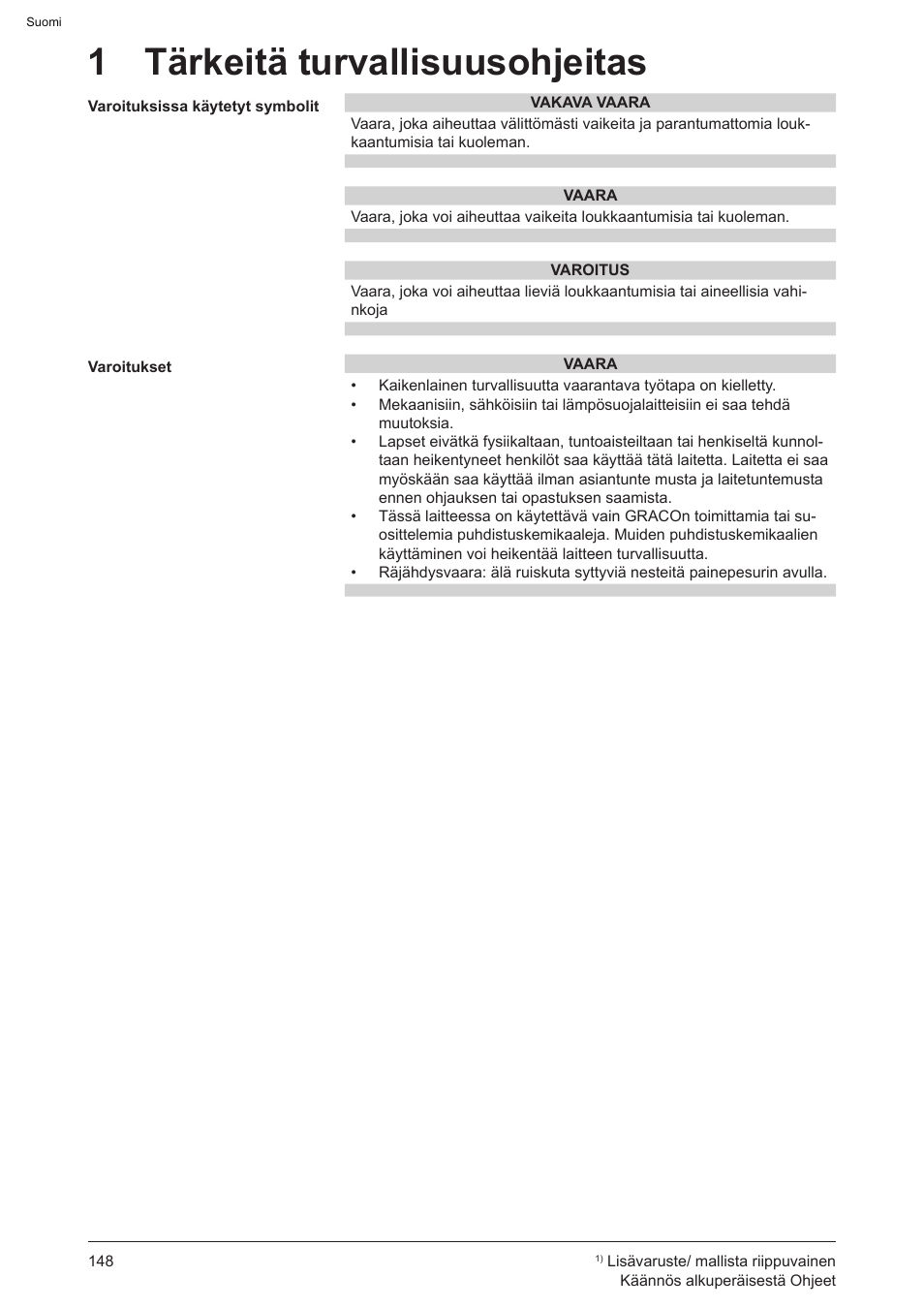 1 tärkeitä turvallisuusohjeitas | Graco AquaMax-E 3050 User Manual | Page 148 / 396