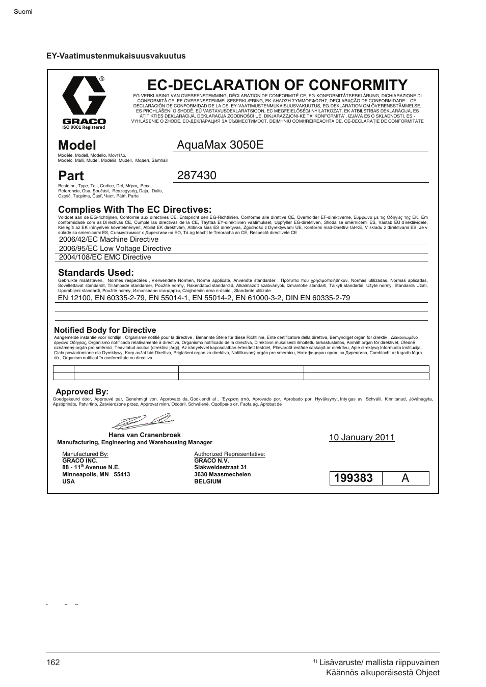 Ec-declaration of conformity, Model, Part | Qua-ax, Complies with the ec directives, Standards used | Graco AquaMax-E 3050 User Manual | Page 162 / 396