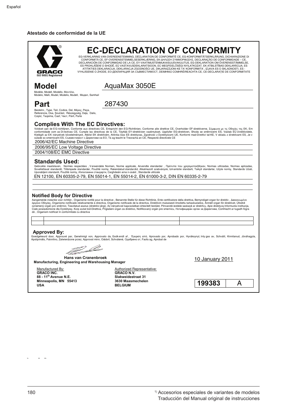 Ec-declaration of conformity, Model, Part | Qua-ax, Complies with the ec directives, Standards used | Graco AquaMax-E 3050 User Manual | Page 180 / 396