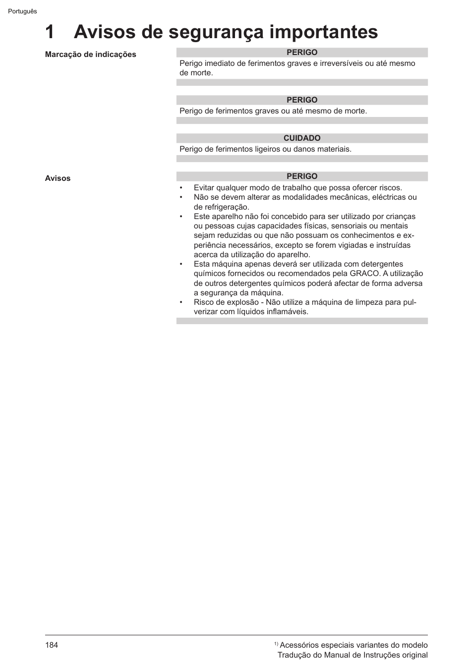 1 avisos de segurança importantes | Graco AquaMax-E 3050 User Manual | Page 184 / 396