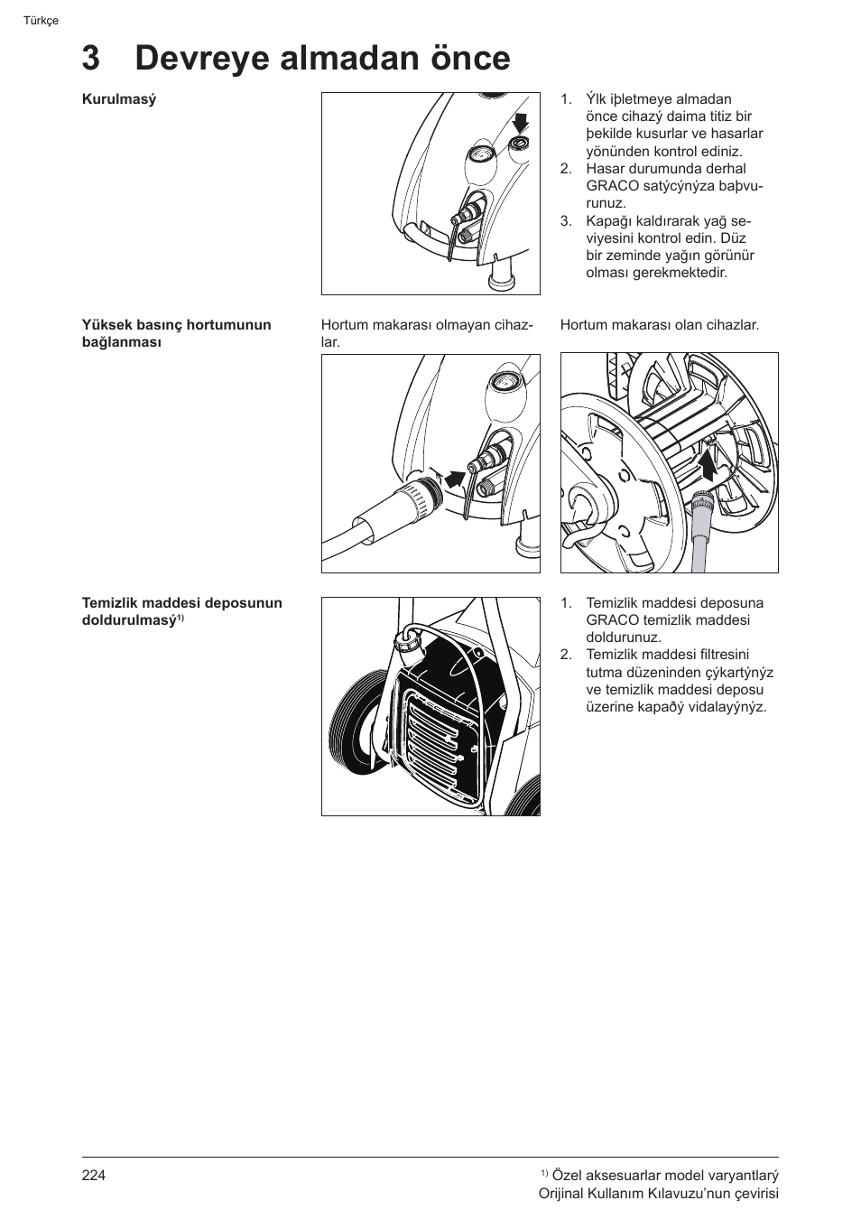 3 devreye almadan önce | Graco AquaMax-E 3050 User Manual | Page 224 / 396