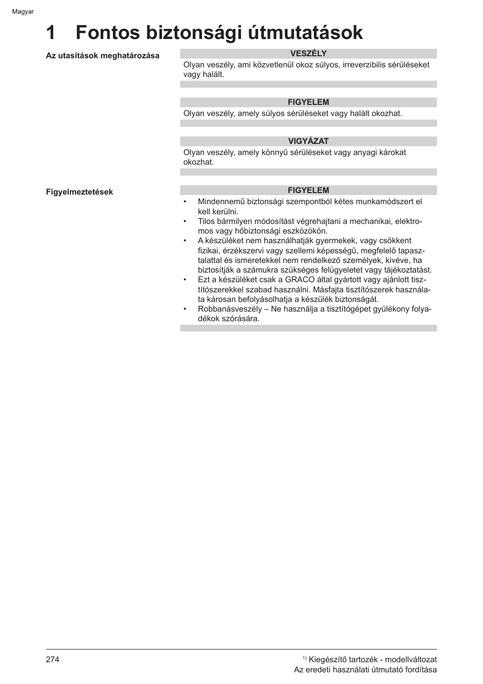 1 fontos biztonsági útmutatások | Graco AquaMax-E 3050 User Manual | Page 274 / 396