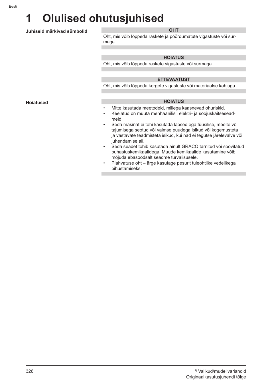 1 olulised ohutusjuhised | Graco AquaMax-E 3050 User Manual | Page 326 / 396