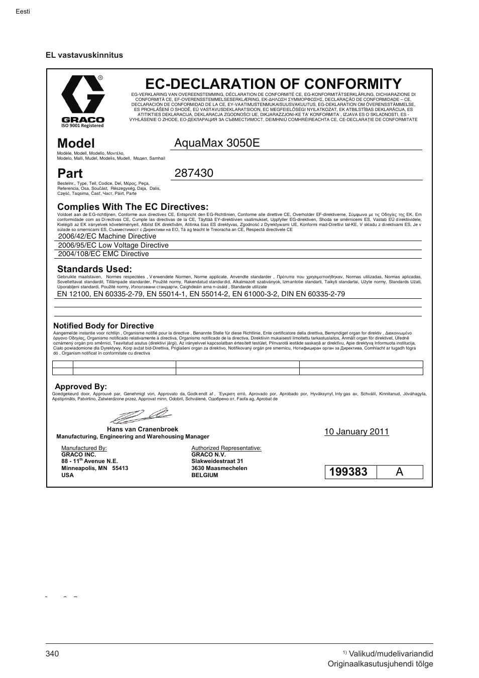 Ec-declaration of conformity, Model, Part | Qua-ax, Complies with the ec directives, Standards used | Graco AquaMax-E 3050 User Manual | Page 340 / 396