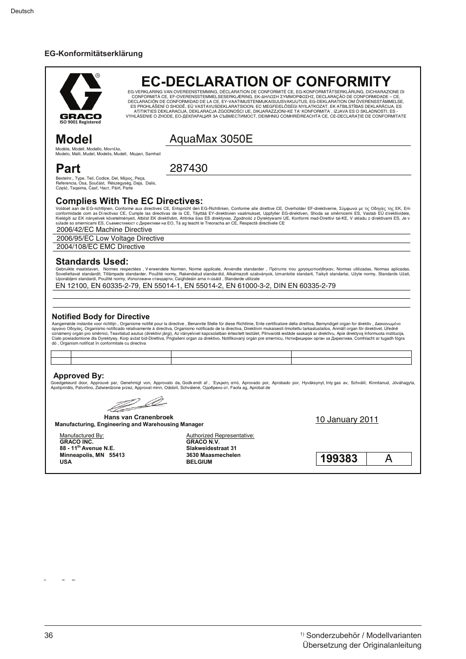 Ec-declaration of conformity, Model, Part | Qua-ax, Complies with the ec directives, Standards used | Graco AquaMax-E 3050 User Manual | Page 36 / 396