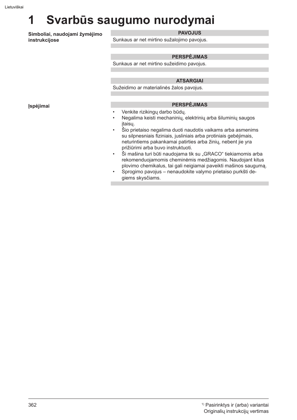 1 svarbūs saugumo nurodymai | Graco AquaMax-E 3050 User Manual | Page 362 / 396