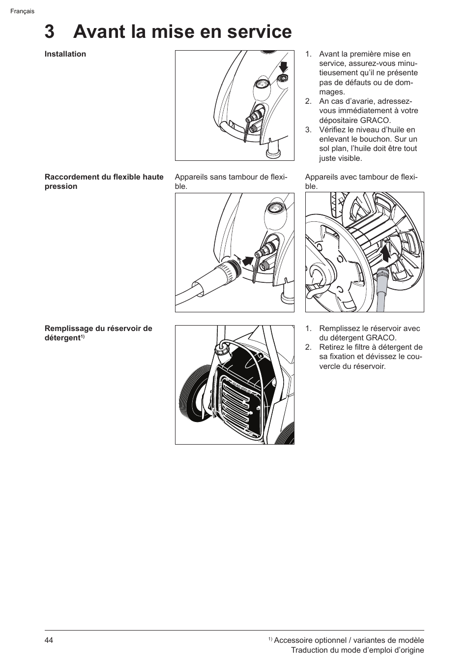 3 avant la mise en service | Graco AquaMax-E 3050 User Manual | Page 44 / 396