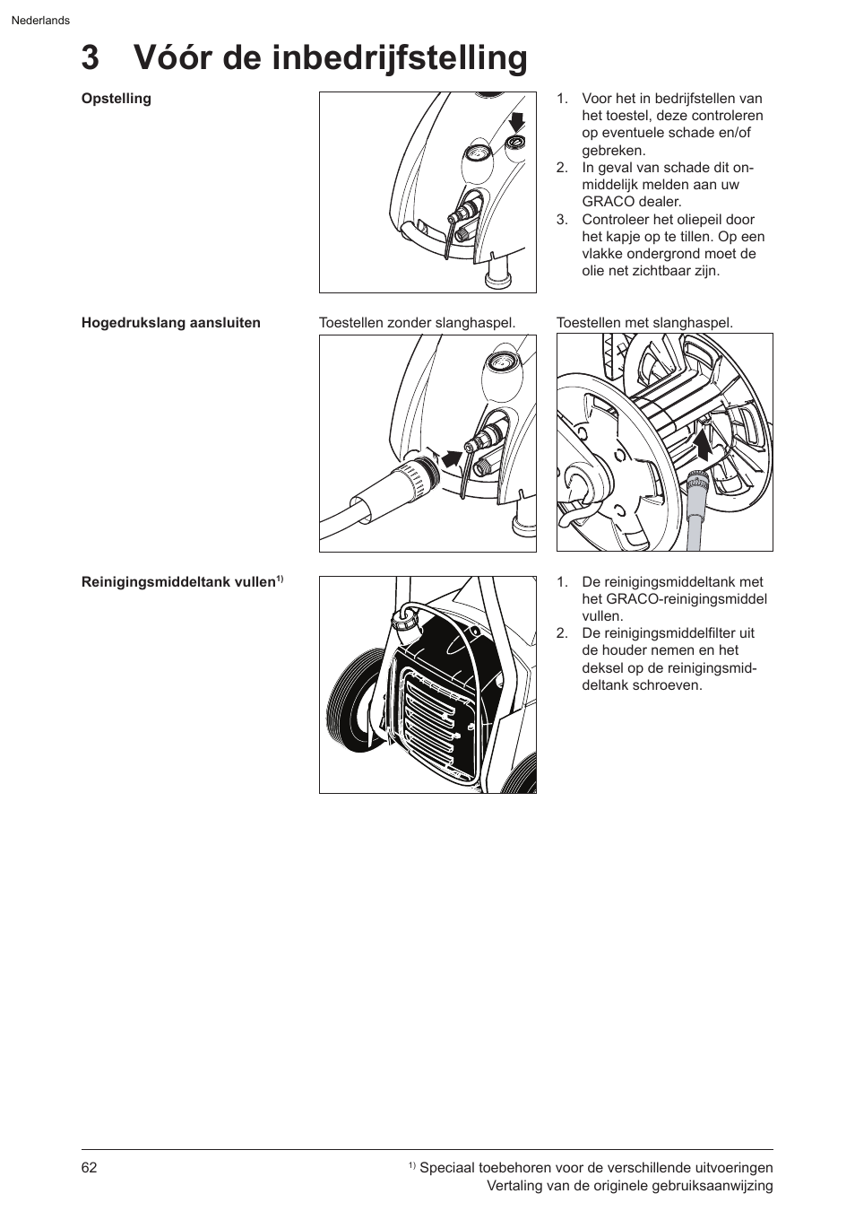 3 vóór de inbedrijfstelling | Graco AquaMax-E 3050 User Manual | Page 62 / 396