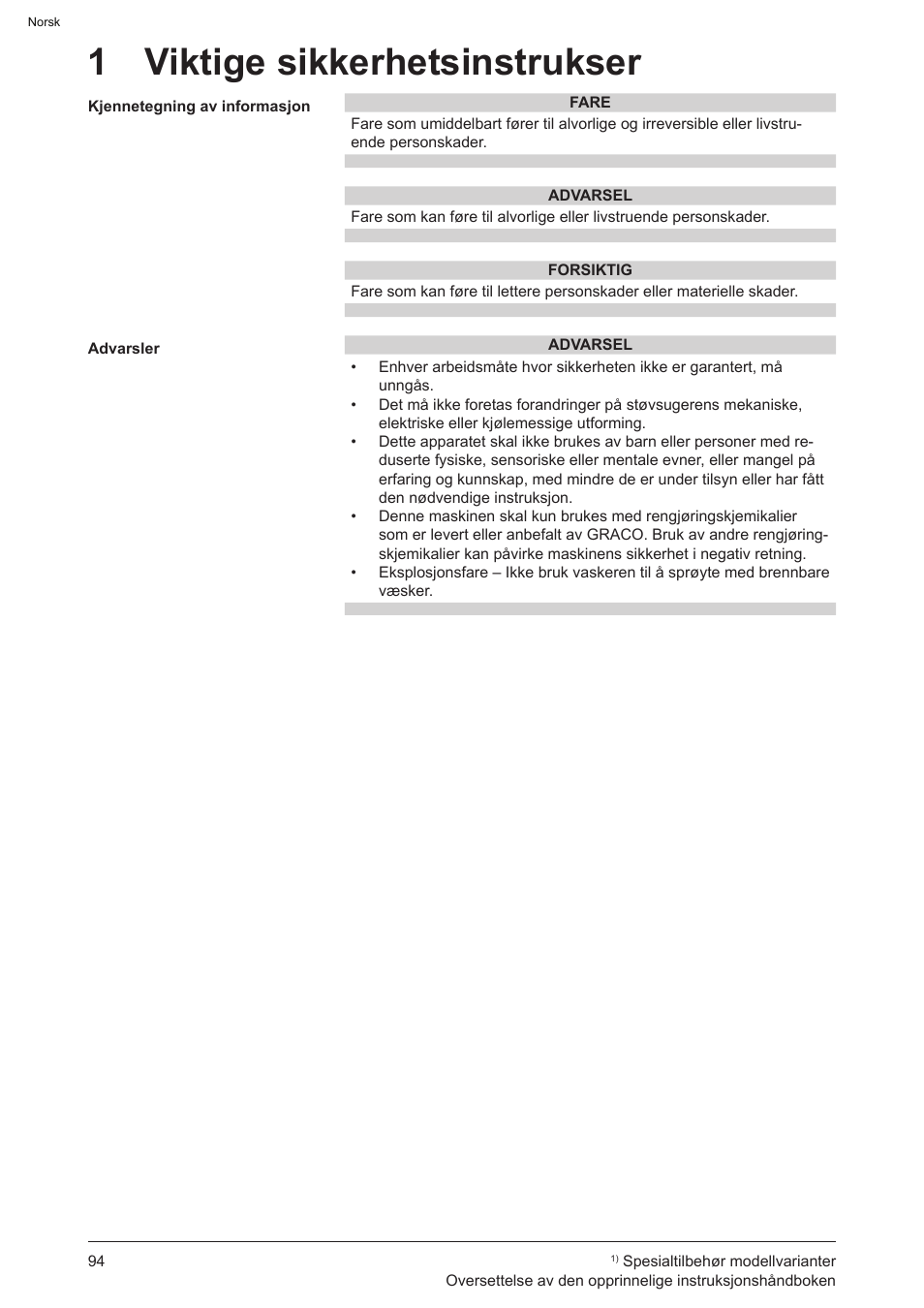 1 viktige sikkerhetsinstrukser | Graco AquaMax-E 3050 User Manual | Page 94 / 396