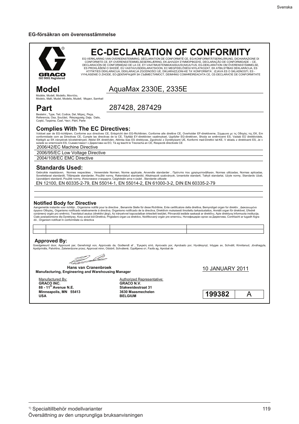 Ec-declaration of conformity, Model, Part | Complies with the ec directives, Standards used, Eg-försäkran om överensstämmelse | Graco AquaMax 2335E User Manual | Page 119 / 376