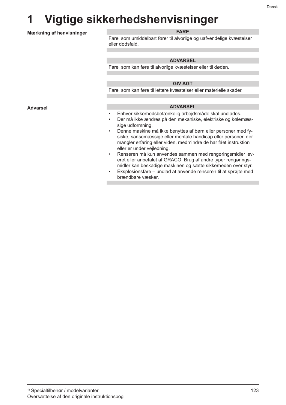 1 vigtige sikkerhedshenvisninger | Graco AquaMax 2335E User Manual | Page 123 / 376
