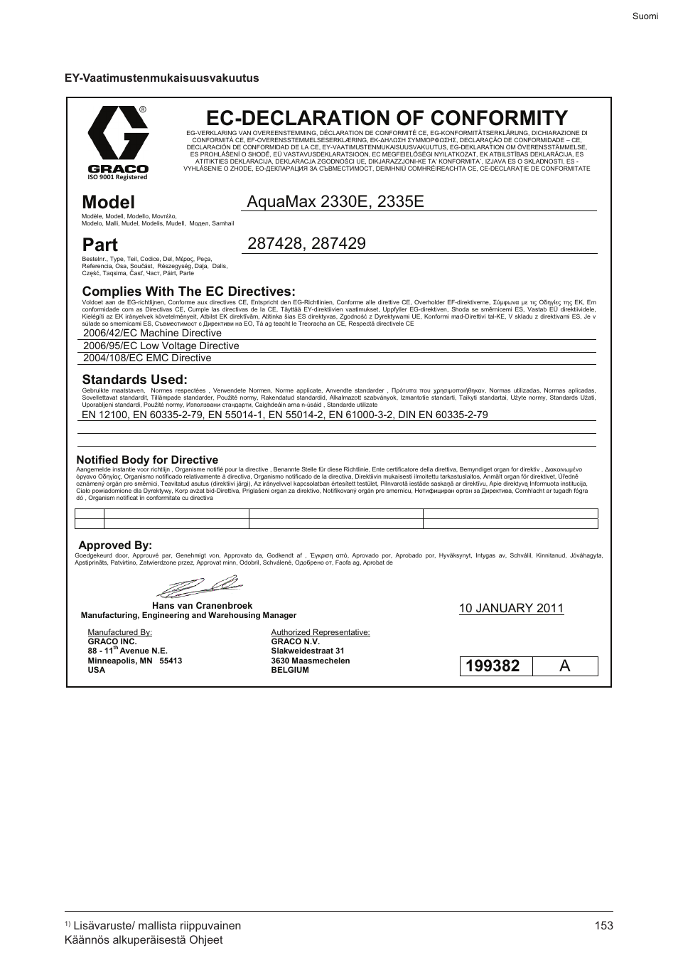 Ec-declaration of conformity, Model, Part | Complies with the ec directives, Standards used, Ey-vaatimustenmukaisuusvakuutus | Graco AquaMax 2335E User Manual | Page 153 / 376