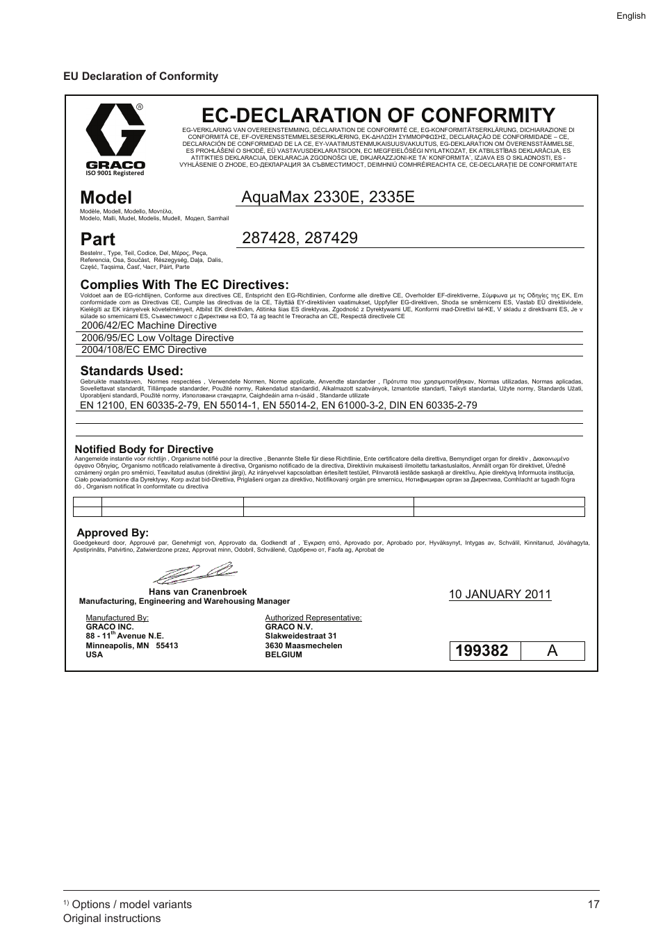 Ec-declaration of conformity, Model, Part | Complies with the ec directives, Standards used, Options / model variants original instructions, Eu declaration of conformity | Graco AquaMax 2335E User Manual | Page 17 / 376