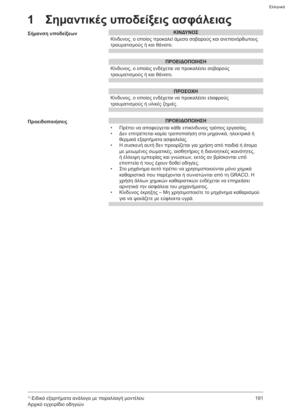 1 σημαντικές υποδείξεις ασφάλειας | Graco AquaMax 2335E User Manual | Page 191 / 376