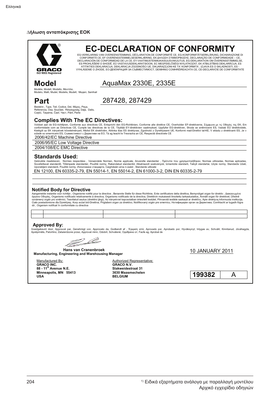 Ec-declaration of conformity, Model, Part | Complies with the ec directives, Standards used, Ήλωση ανταπόκρισης εοκ | Graco AquaMax 2335E User Manual | Page 204 / 376