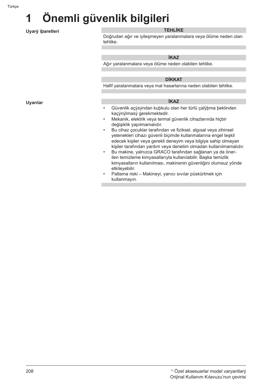 1 önemli güvenlik bilgileri | Graco AquaMax 2335E User Manual | Page 208 / 376