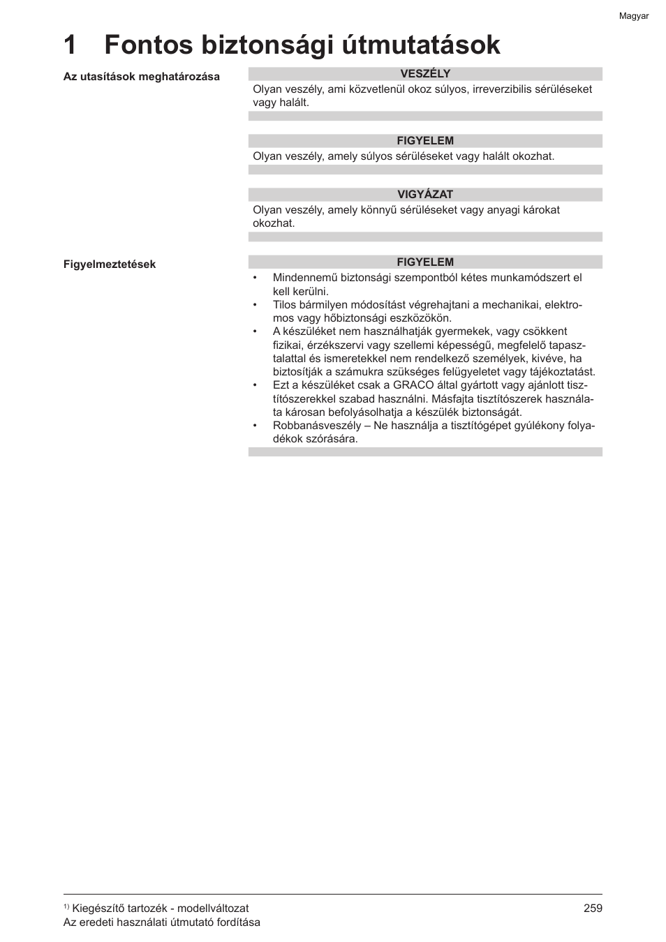 1 fontos biztonsági útmutatások | Graco AquaMax 2335E User Manual | Page 259 / 376