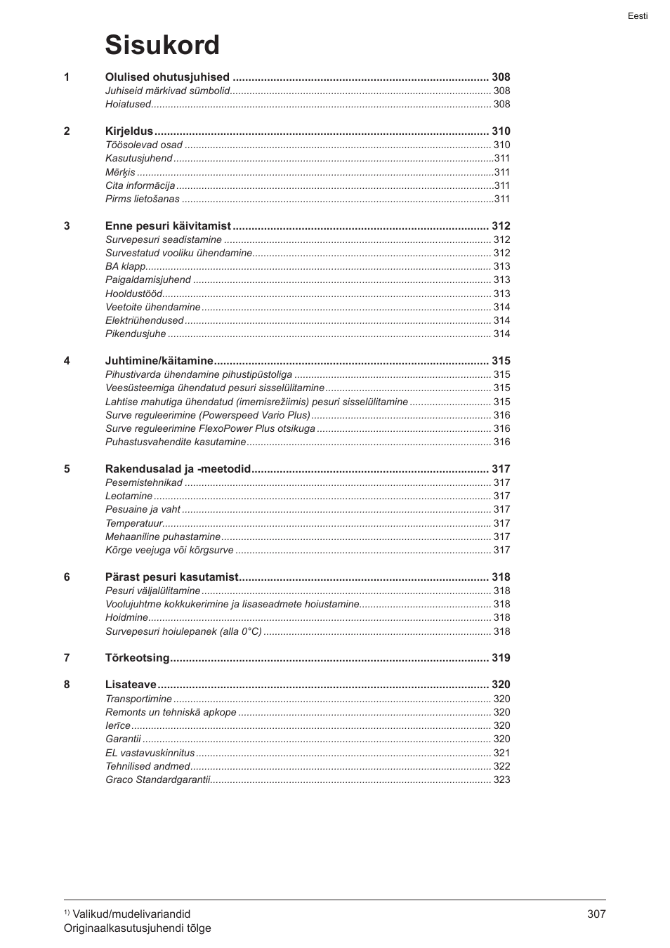Sisukord | Graco AquaMax 2335E User Manual | Page 307 / 376
