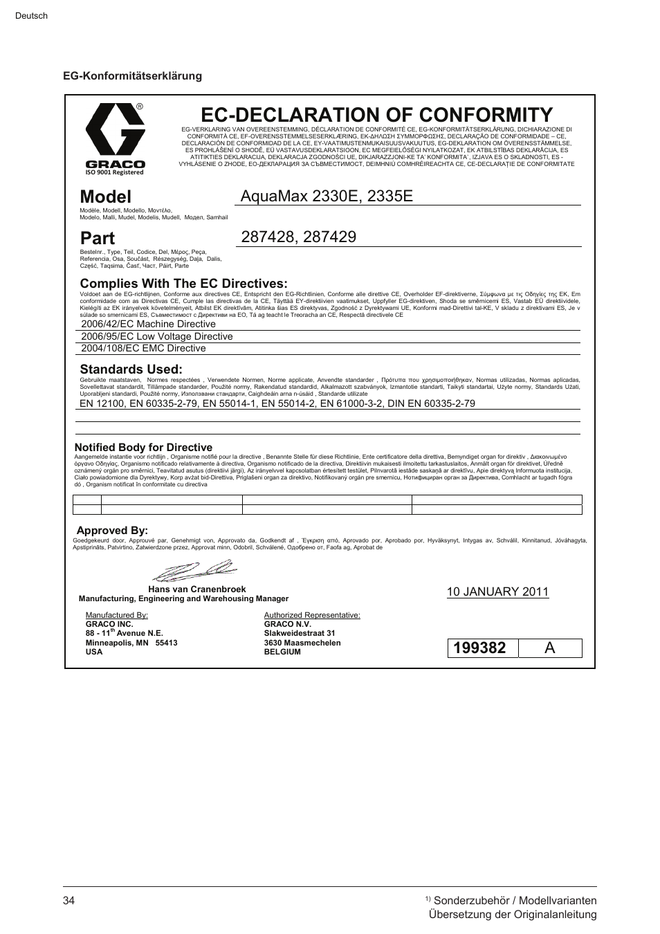 Ec-declaration of conformity, Model, Part | Complies with the ec directives, Standards used, Eg-konformitätserklärung | Graco AquaMax 2335E User Manual | Page 34 / 376
