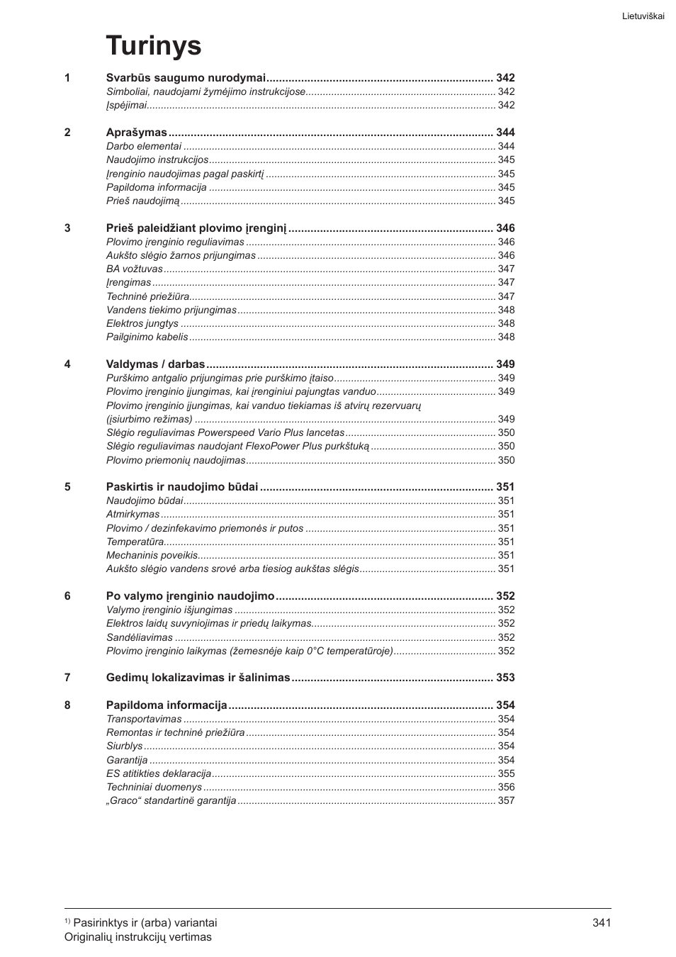 Turinys | Graco AquaMax 2335E User Manual | Page 341 / 376