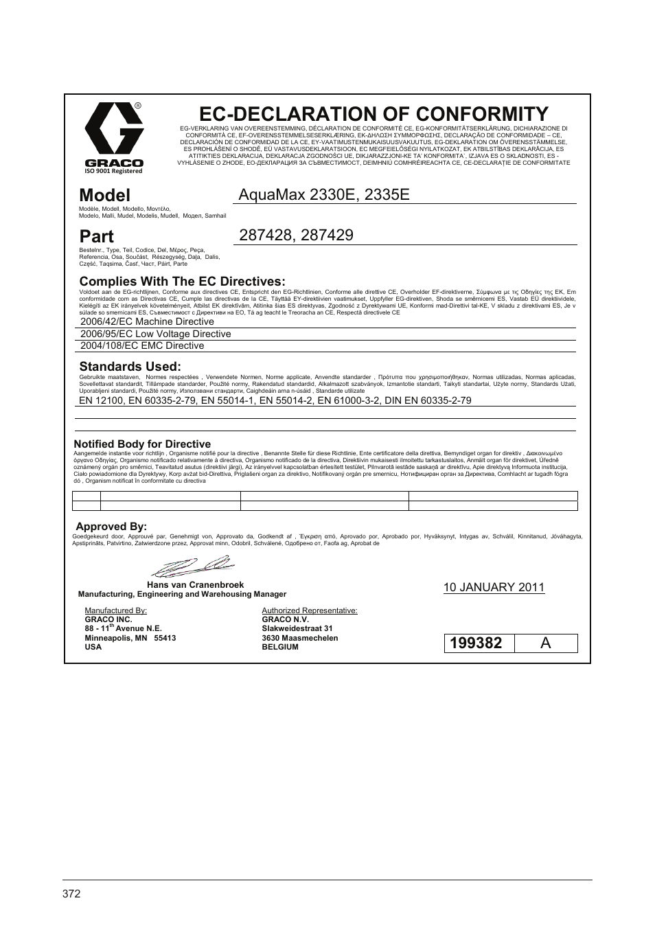 Ec-declaration of conformity, Model, Part | Complies with the ec directives, Standards used | Graco AquaMax 2335E User Manual | Page 372 / 376