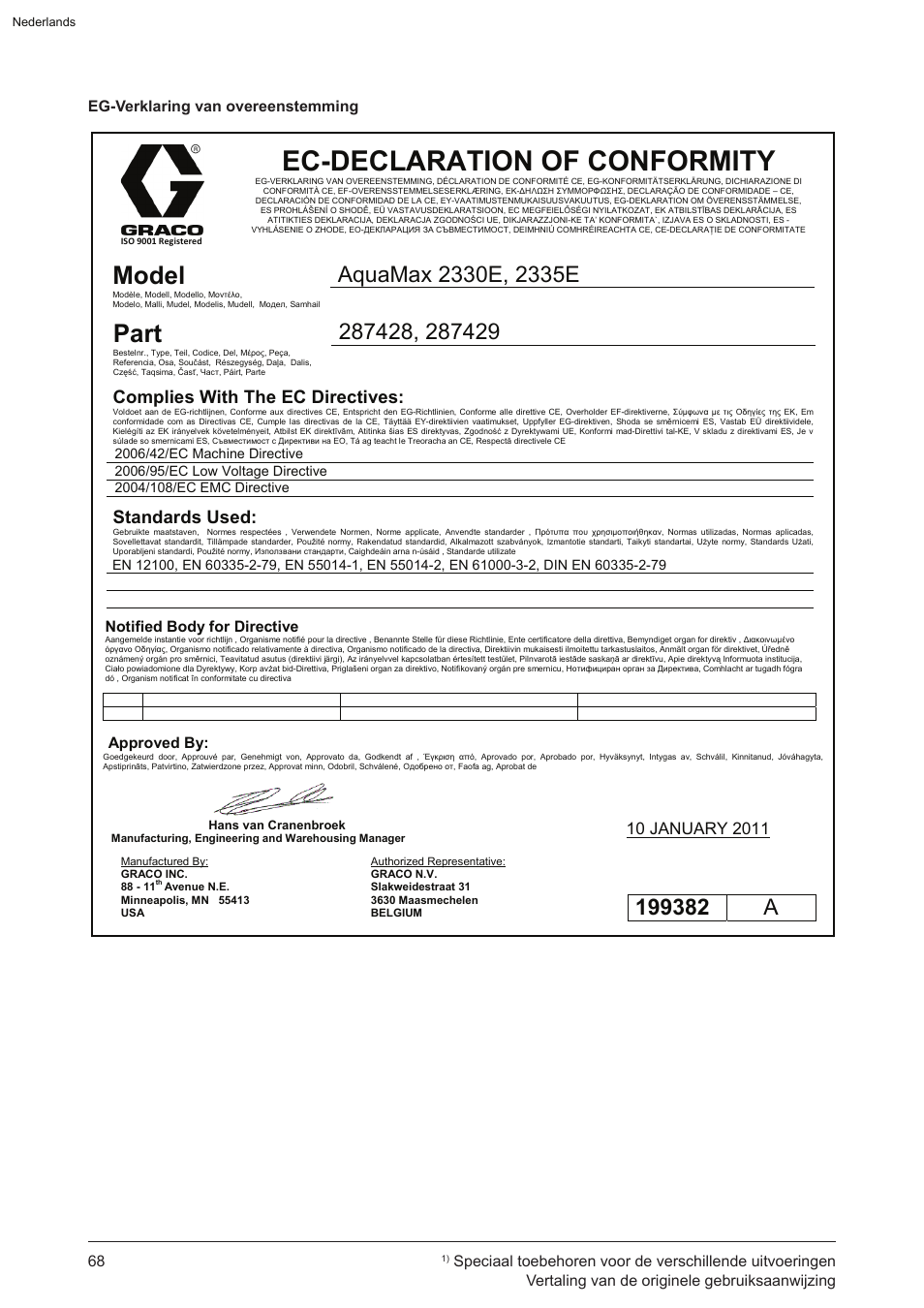 Ec-declaration of conformity, Model, Part | Complies with the ec directives, Standards used, Eg-verklaring van overeenstemming | Graco AquaMax 2335E User Manual | Page 68 / 376