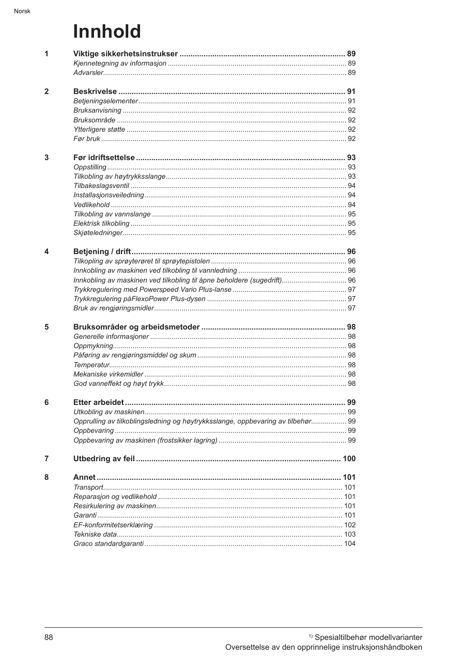 Innhold | Graco AquaMax 2335E User Manual | Page 88 / 376