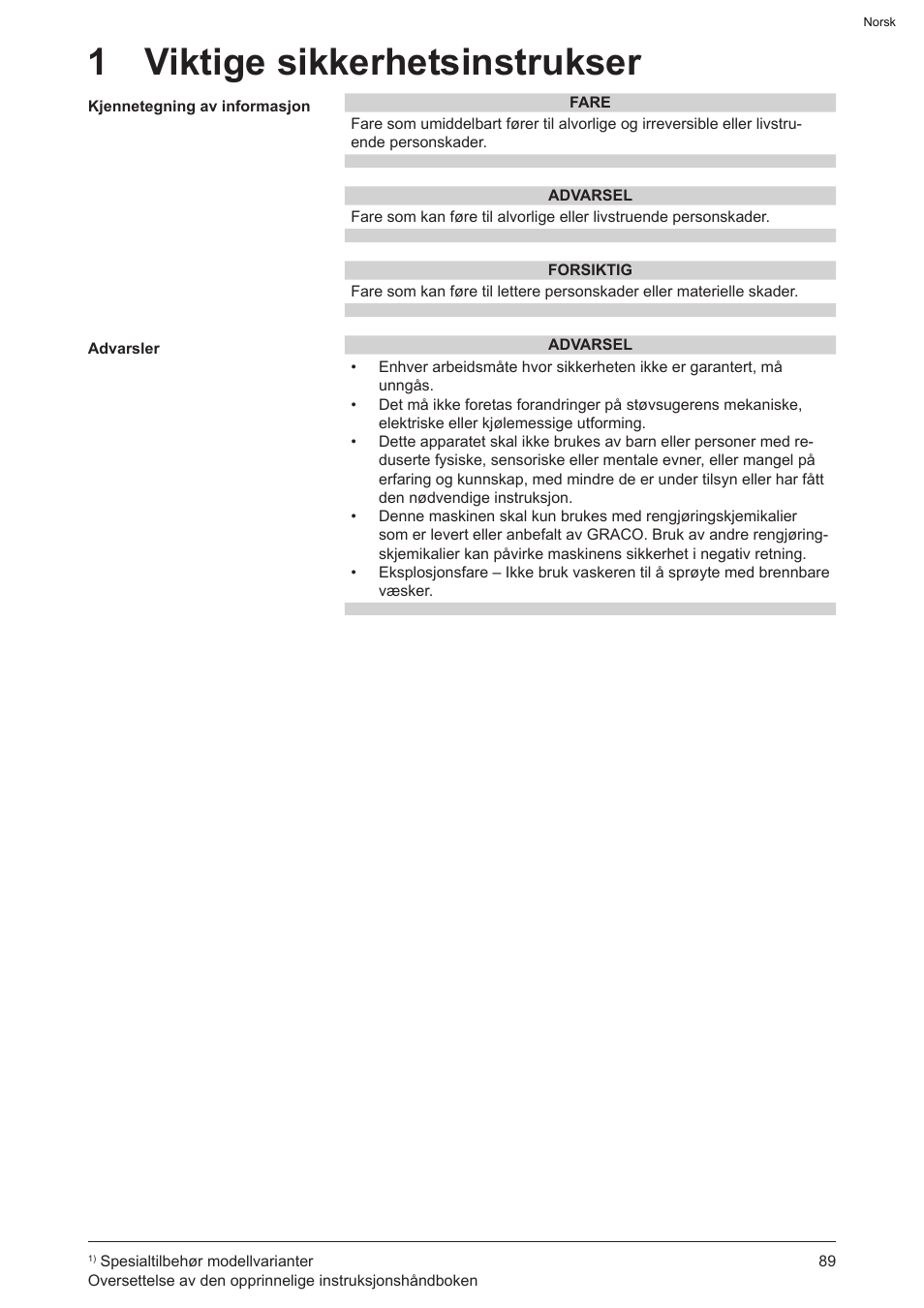 1 viktige sikkerhetsinstrukser | Graco AquaMax 2335E User Manual | Page 89 / 376