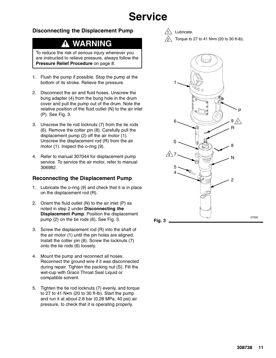 Service, Warning | Graco Ratio President Pump 10:1 User Manual | Page 11 / 16