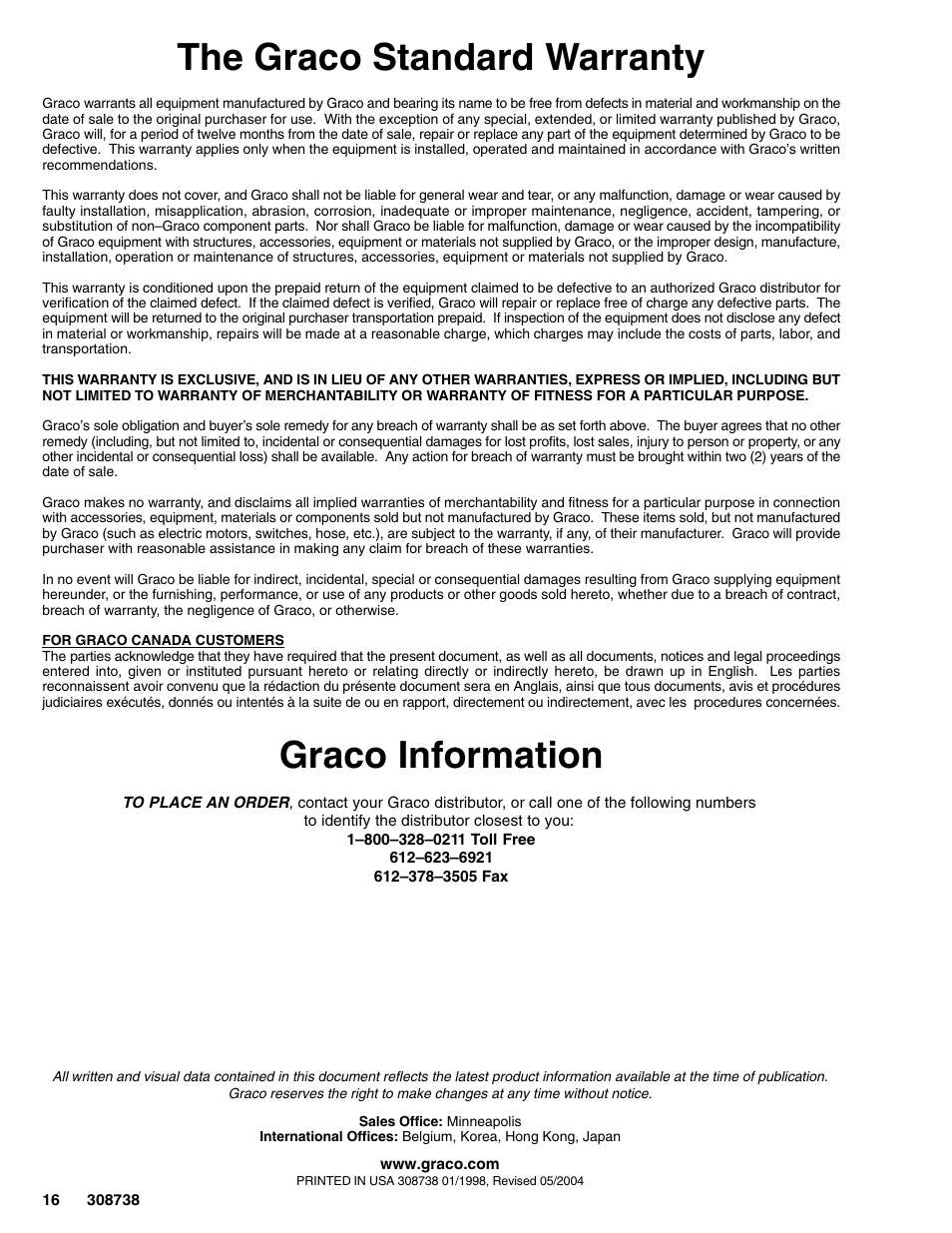 The graco standard warranty, Graco information | Graco Ratio President Pump 10:1 User Manual | Page 16 / 16