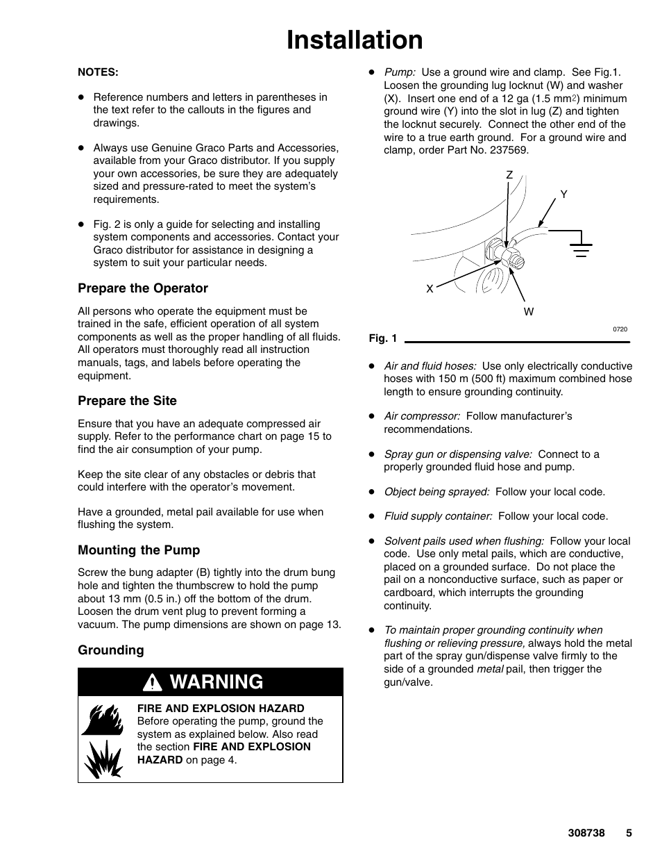 Installation, Warning | Graco Ratio President Pump 10:1 User Manual | Page 5 / 16