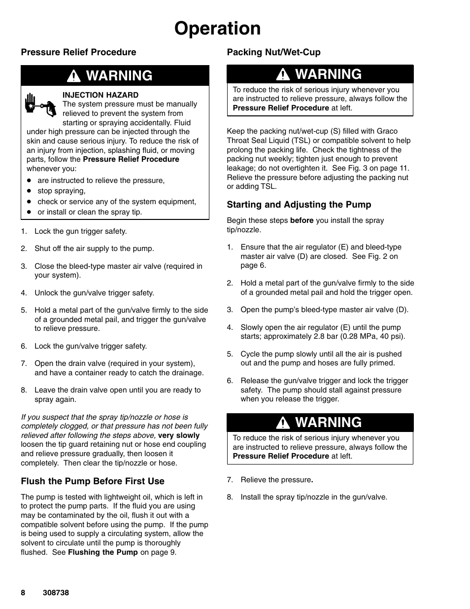 Operation, Warning | Graco Ratio President Pump 10:1 User Manual | Page 8 / 16
