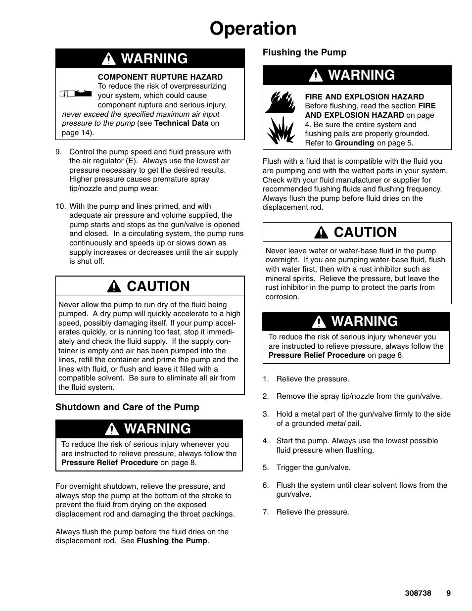Operation, Warning, Caution | Graco Ratio President Pump 10:1 User Manual | Page 9 / 16