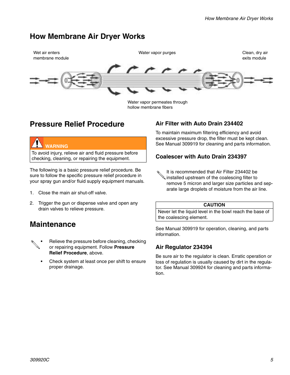 How membrane air dryer works, Pressure relief procedure, Maintenance | Graco 234418 Membrane Air Drying System User Manual | Page 5 / 6