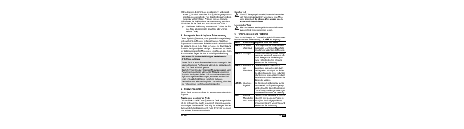 Anzeige der herz-arrhythmie früherkennung, Messwertspeicher, Anzeigen der gespeicherten werte | Speicher voll, Löschen aller werte, Fehlermeldungen und probleme | Microlife BP A90-30 User Manual | Page 17 / 37