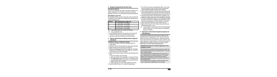 Using the instrument for the first time, Inserting the batteries, Selecting the correct cuff | Microlife BP A90-30 User Manual | Page 5 / 37